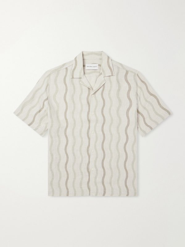 Roberto Camp-Collar Striped Linen Shirt Roberto Camp-Collar Striped Linen Shirt