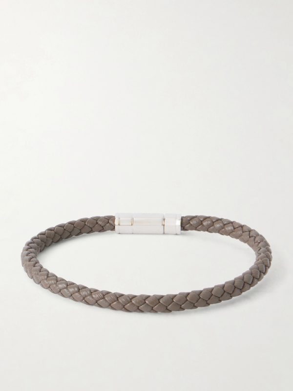 Logo-Engraved Silver-Tone and Woven Leather Bracelet - BK