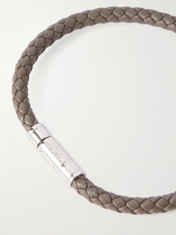 Logo-Engraved Silver-Tone and Woven Leather Bracelet - CU