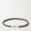 Logo-Engraved Silver-Tone and Woven Leather Bracelet