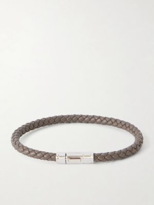 Logo-Engraved Silver-Tone and Woven Leather Bracelet