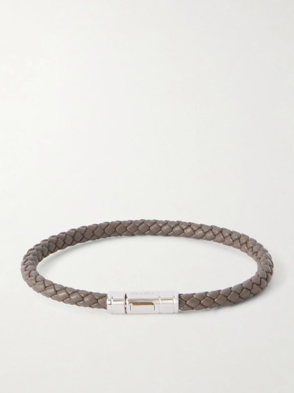 Logo-Engraved Silver-Tone and Woven Leather Bracelet