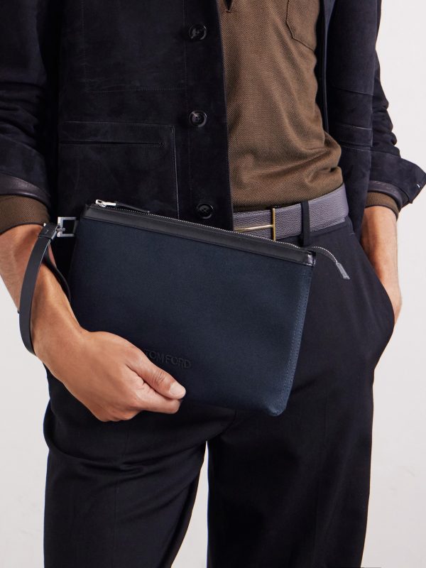 Leather-Trimmed Canvas Pouch - FR