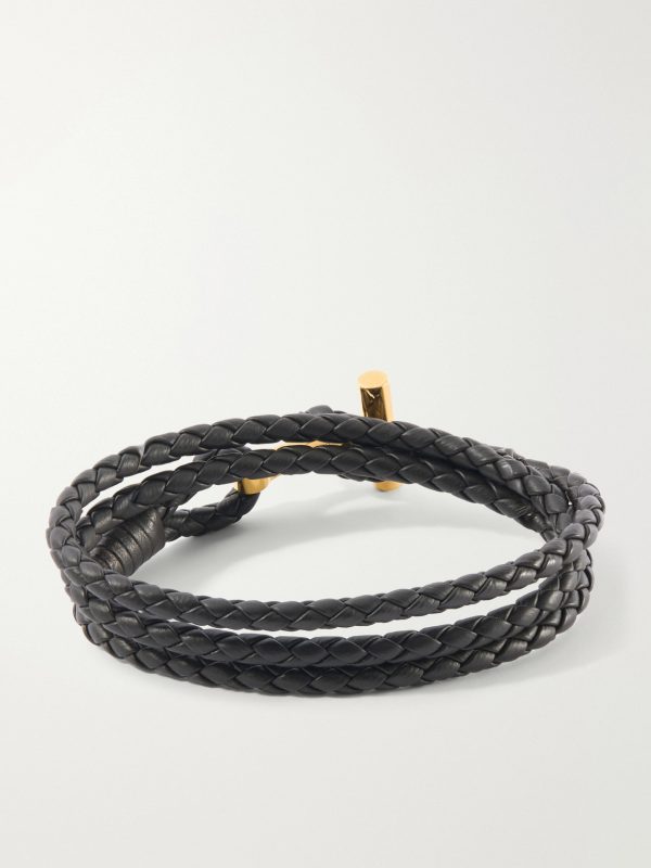 Braided Leather and Gold-Plated Wrap Bracelet - BK Braided Leather and Gold-Plated Wrap Bracelet - BK