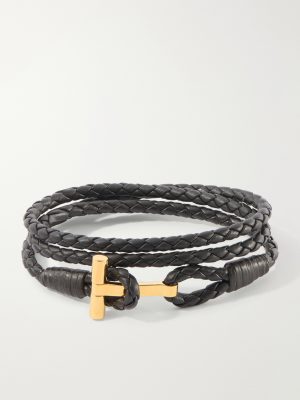 Braided Leather and Gold-Plated Wrap Bracelet