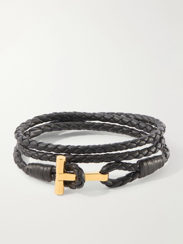 Braided Leather and Gold-Plated Wrap Bracelet Braided Leather and Gold-Plated Wrap Bracelet