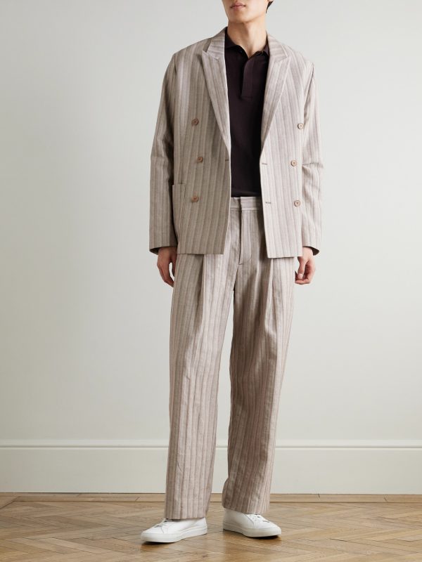 Kay 10058 Wide-Leg Pleated Herringbone Organic Cotton-Blend Suit Trousers - OU Kay 10058 Wide-Leg Pleated Herringbone Organic Cotton-Blend Suit Trousers - OU