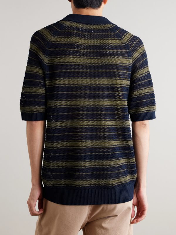 Cale 60056 Striped Pointelle-Knit Linen and Cotton-Blend Polo Shirt - BK