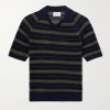 Cale 60056 Striped Pointelle-Knit Linen and Cotton-Blend Polo Shirt