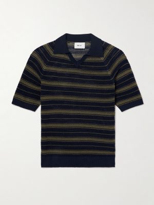 Cale 60056 Striped Pointelle-Knit Linen and Cotton-Blend Polo Shirt