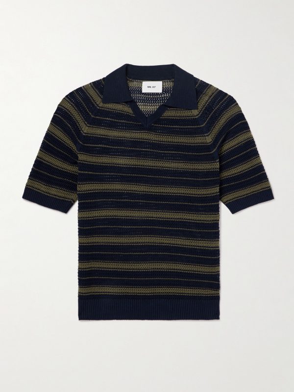 Cale 60056 Striped Pointelle-Knit Linen and Cotton-Blend Polo Shirt