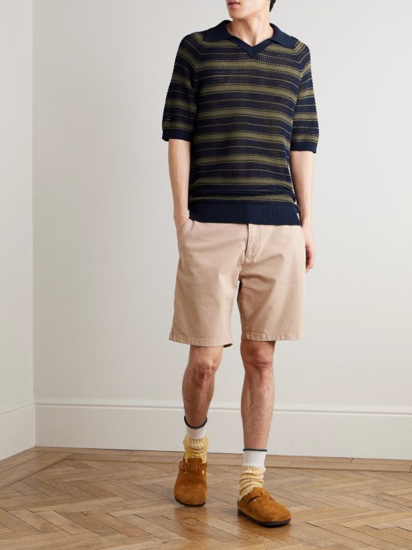 Cale 60056 Striped Pointelle-Knit Linen and Cotton-Blend Polo Shirt - OU