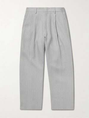 Kay 1455 Straight-Leg Pleated Pinstriped Linen Trousers