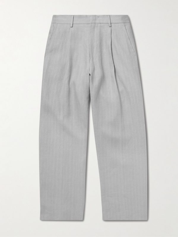 Kay 1455 Straight-Leg Pleated Pinstriped Linen Trousers Kay 1455 Straight-Leg Pleated Pinstriped Linen Trousers