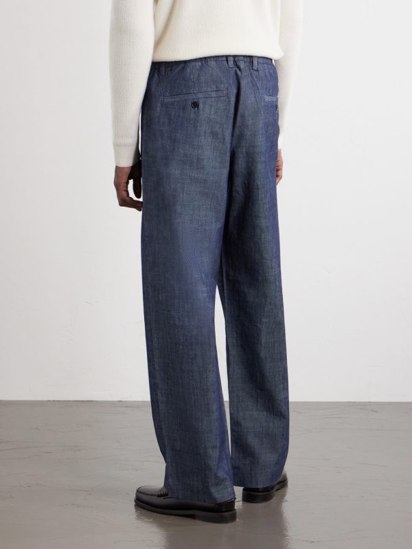Kay 10056 Straight-Leg Pleated Organic Cotton-Chambray Trousers - BK Kay 10056 Straight-Leg Pleated Organic Cotton-Chambray Trousers - BK