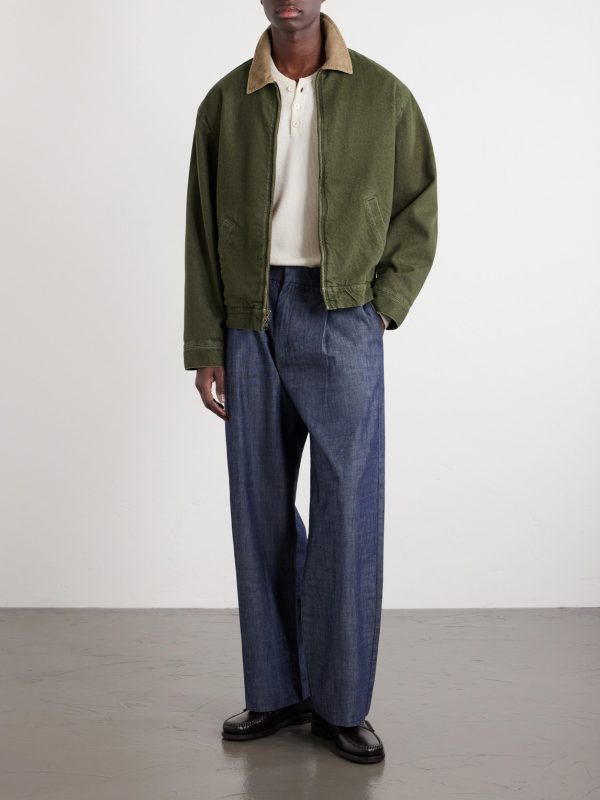 Kay 10056 Straight-Leg Pleated Organic Cotton-Chambray Trousers - OU Kay 10056 Straight-Leg Pleated Organic Cotton-Chambray Trousers - OU