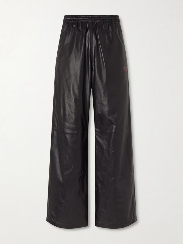 Straight-Leg Logo-Print Leather Sweatpants