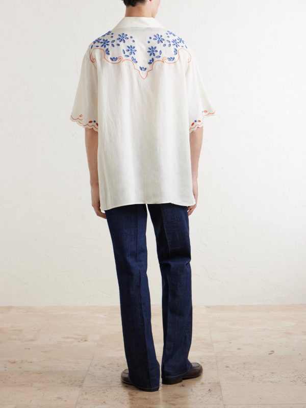 Camp-Collar Embroidered Linen Shirt - BK