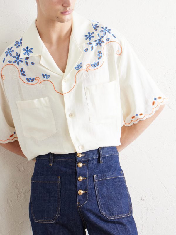 Camp-Collar Embroidered Linen Shirt - CU