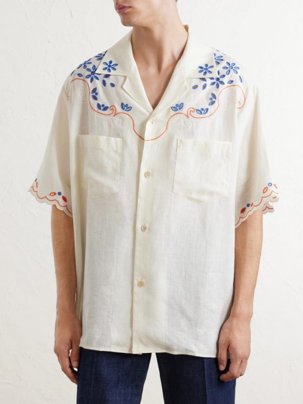 Camp-Collar Embroidered Linen Shirt - FR