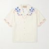 Camp-Collar Embroidered Linen Shirt