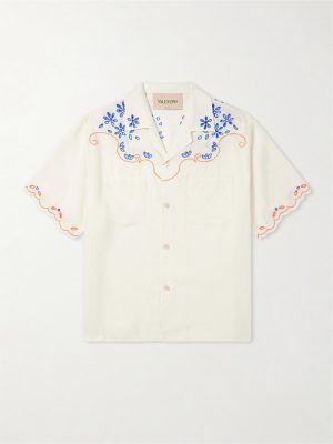 Camp-Collar Embroidered Linen Shirt Camp-Collar Embroidered Linen Shirt