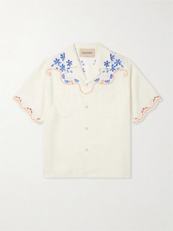 Camp-Collar Embroidered Linen Shirt