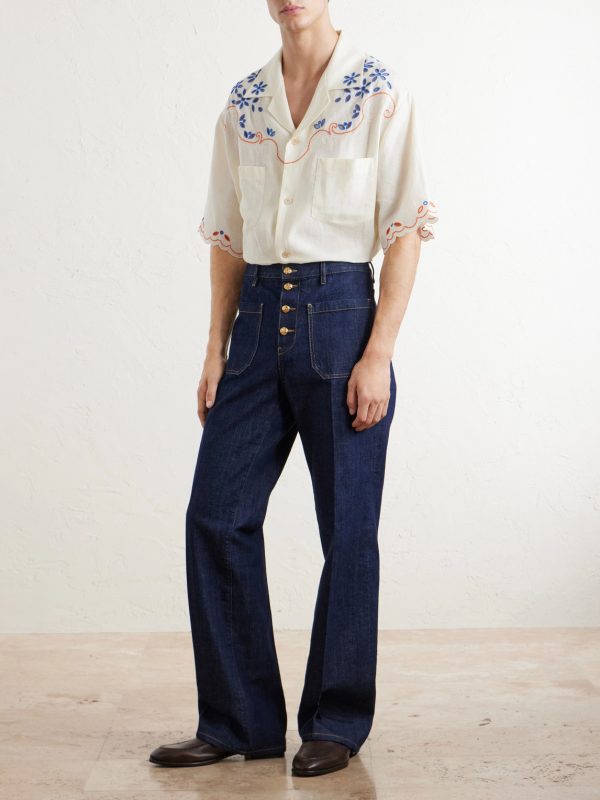 Camp-Collar Embroidered Linen Shirt - OU