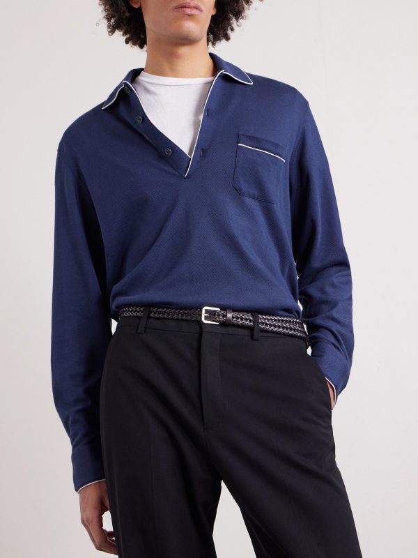Piped Silk and Cotton-Blend Piqué Polo Shirt - FR Piped Silk and Cotton-Blend Piqué Polo Shirt - FR
