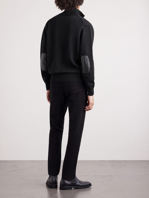 Leather-Trimmed Merino Wool Cardigan - BK Leather-Trimmed Merino Wool Cardigan - BK