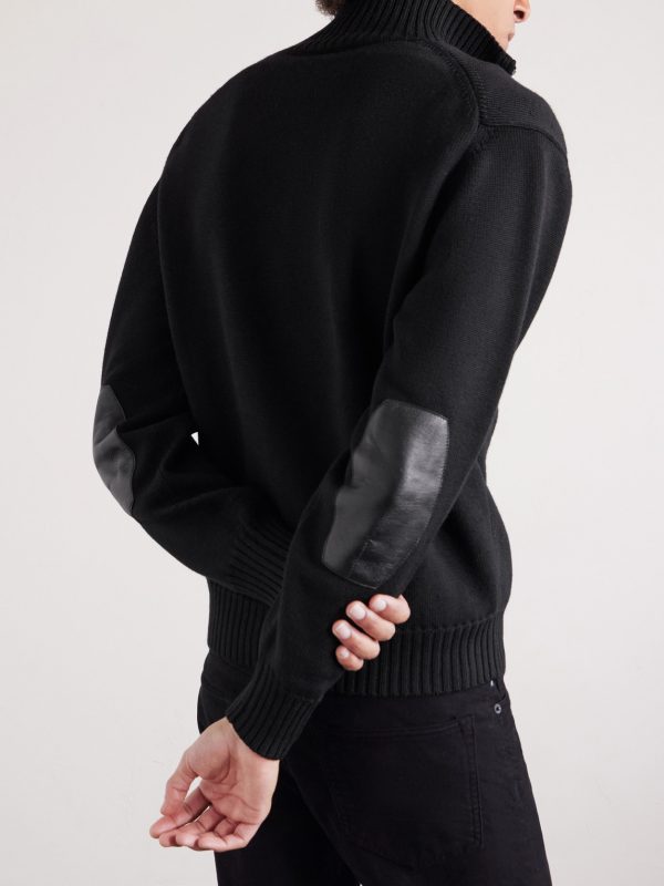 Leather-Trimmed Merino Wool Cardigan - CU Leather-Trimmed Merino Wool Cardigan - CU