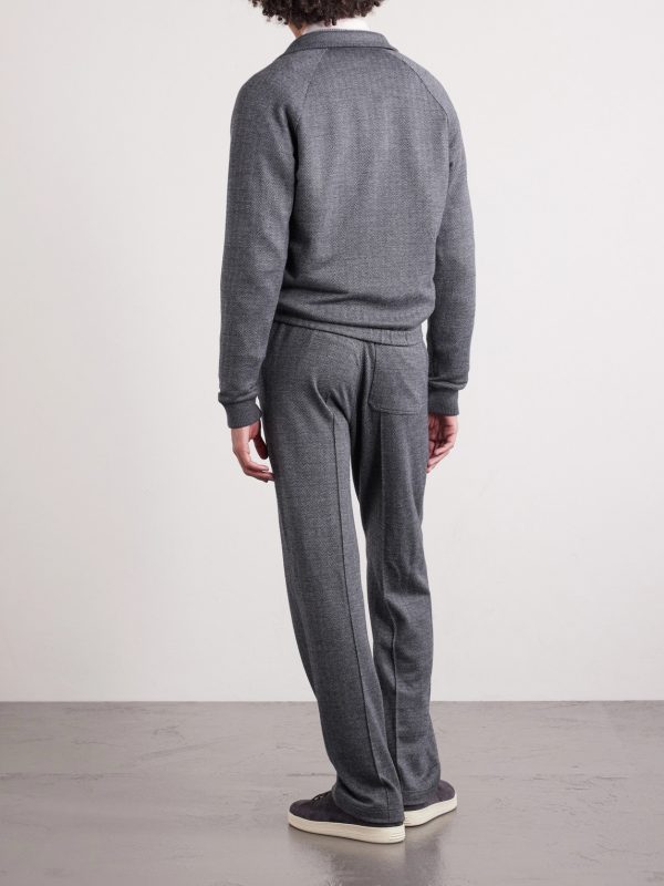 Straight-Leg Herringbone Cotton, Wool and Silk-Blend Drawstring Trousers - BK