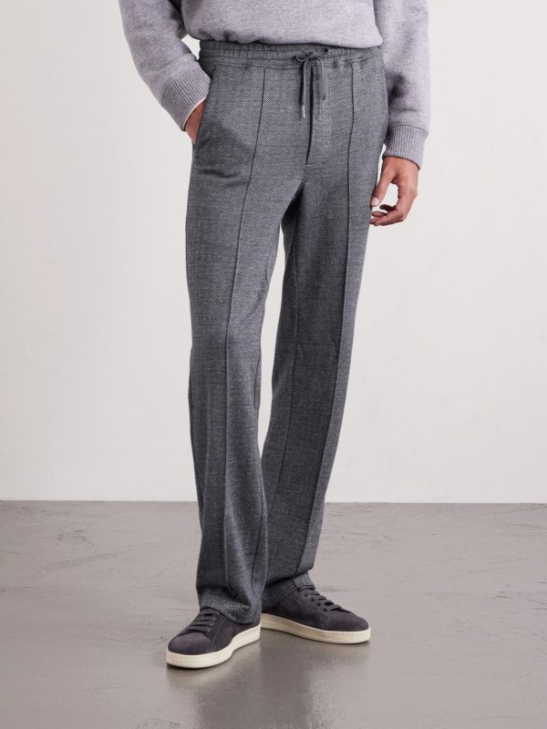 Straight-Leg Herringbone Cotton, Wool and Silk-Blend Drawstring Trousers - FR