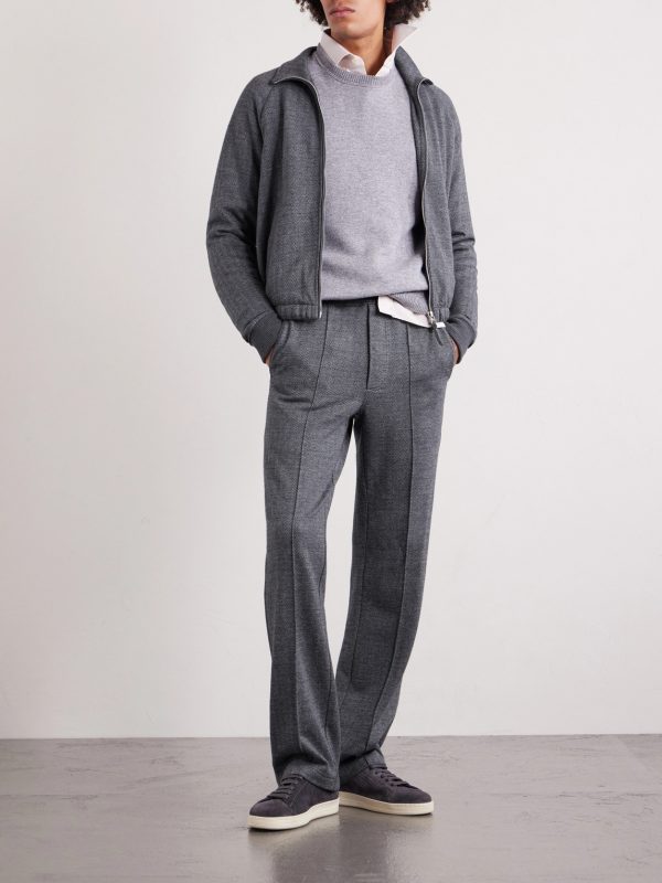 Straight-Leg Herringbone Cotton, Wool and Silk-Blend Drawstring Trousers - OU