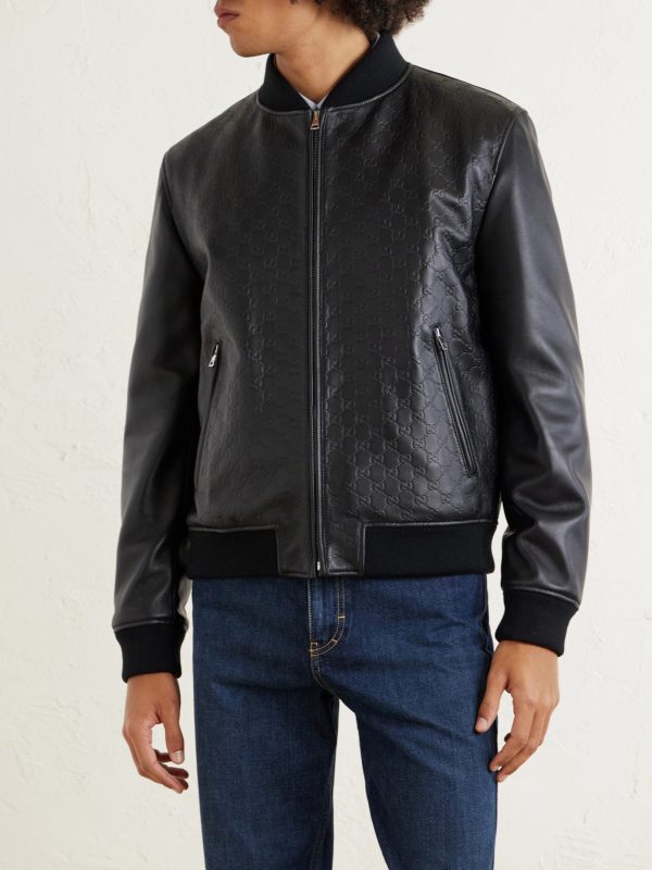 Logo-Debossed Padded Leather Bomber Jacket - FR Logo-Debossed Padded Leather Bomber Jacket - FR