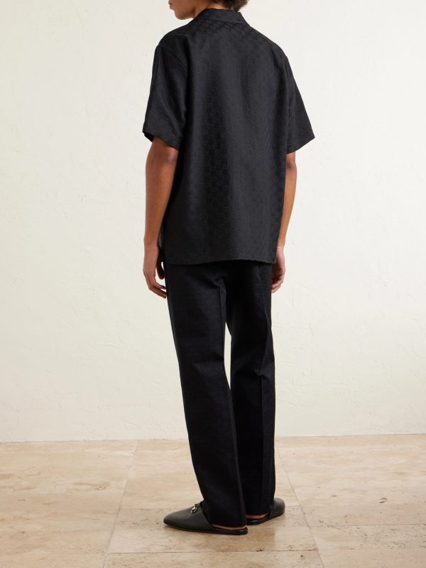 Camp-Collar Logo-Jacquard Linen-Blend Shirt - BK Camp-Collar Logo-Jacquard Linen-Blend Shirt - BK