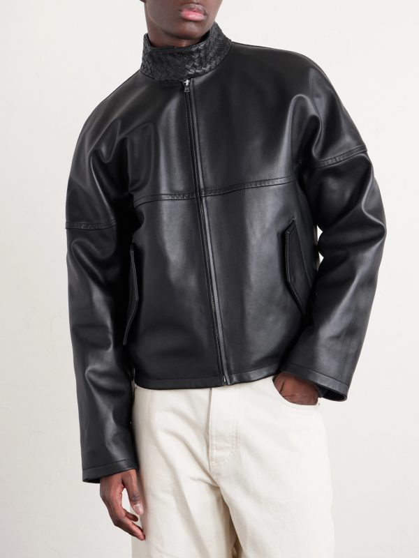 Intrecciato-Trimmed Leather Blouson Jacket - FR Intrecciato-Trimmed Leather Blouson Jacket - FR