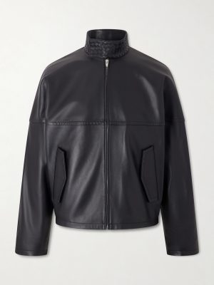 Intrecciato-Trimmed Leather Blouson Jacket