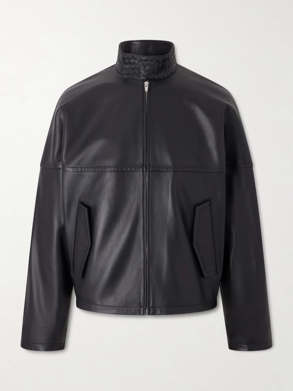 Intrecciato-Trimmed Leather Blouson Jacket Intrecciato-Trimmed Leather Blouson Jacket