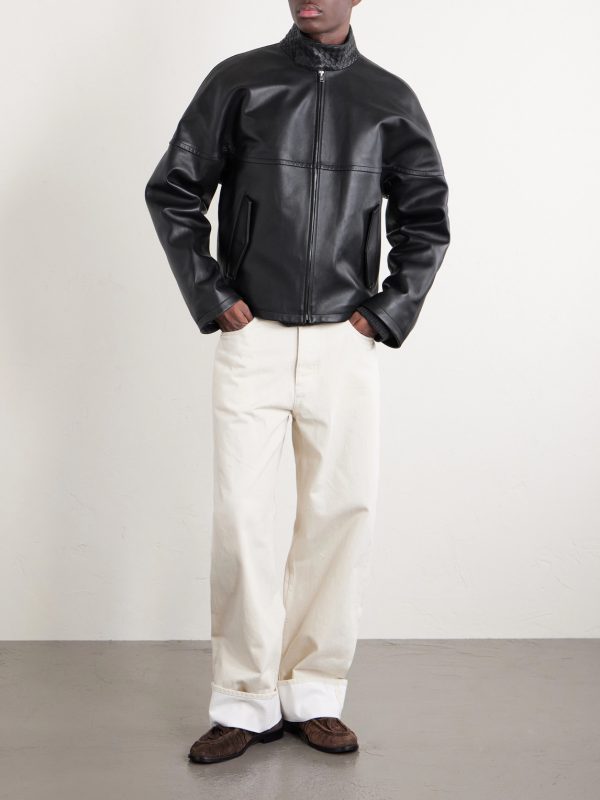 Intrecciato-Trimmed Leather Blouson Jacket - OU Intrecciato-Trimmed Leather Blouson Jacket - OU