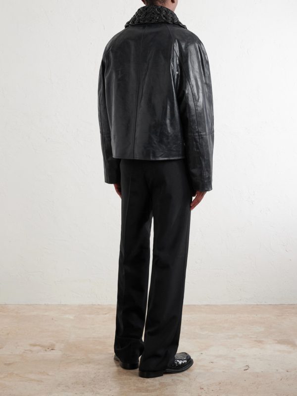 Intrecciato-Trimmed Leather Jacket - BK Intrecciato-Trimmed Leather Jacket - BK