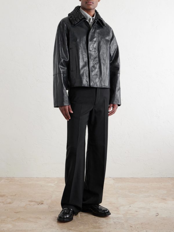 Intrecciato-Trimmed Leather Jacket - OU Intrecciato-Trimmed Leather Jacket - OU