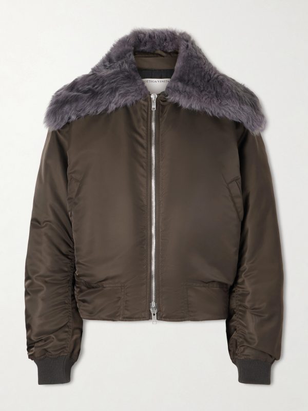 Padded Plush-Trimmed Satin Bomber Jacket