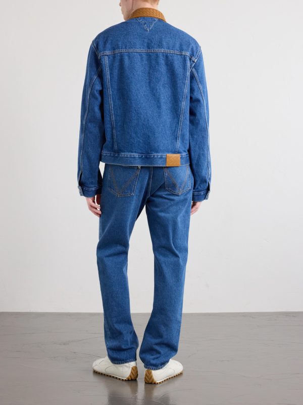 Intrecciato Leather-Trimmed Panelled Denim Jacket - BK Intrecciato Leather-Trimmed Panelled Denim Jacket - BK