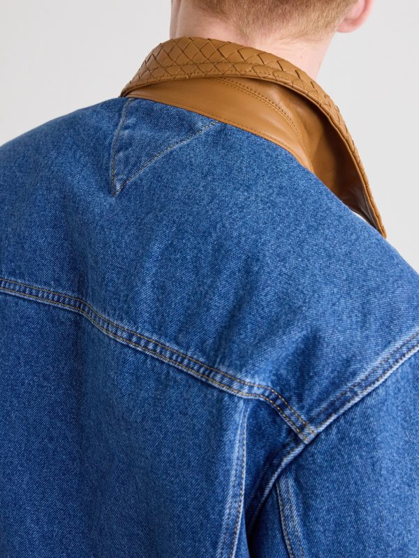 Intrecciato Leather-Trimmed Panelled Denim Jacket - CU Intrecciato Leather-Trimmed Panelled Denim Jacket - CU
