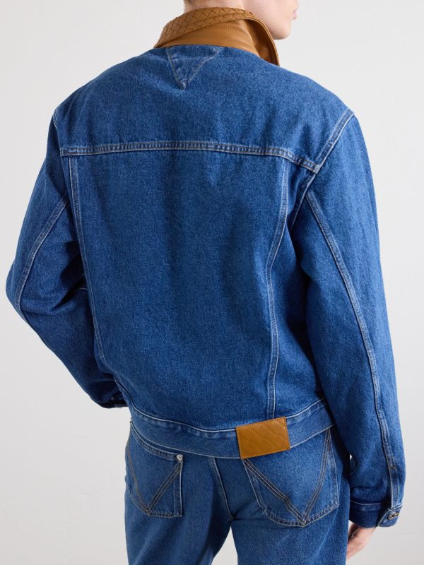 Intrecciato Leather-Trimmed Panelled Denim Jacket - E1 Intrecciato Leather-Trimmed Panelled Denim Jacket - E1