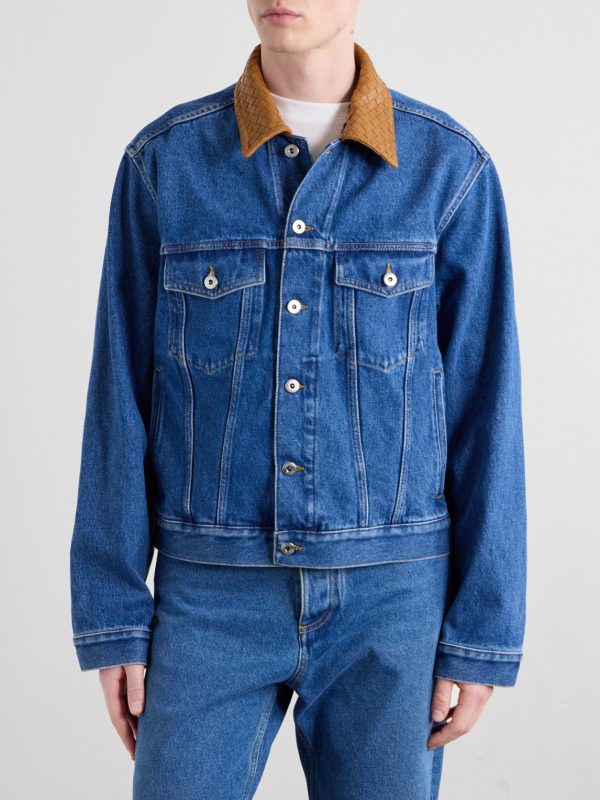 Intrecciato Leather-Trimmed Panelled Denim Jacket - FR Intrecciato Leather-Trimmed Panelled Denim Jacket - FR
