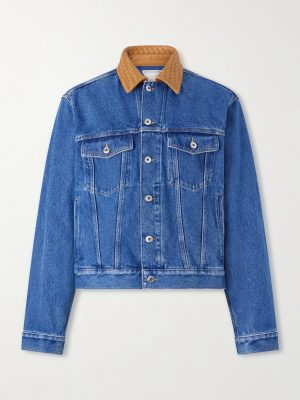 Intrecciato Leather-Trimmed Panelled Denim Jacket