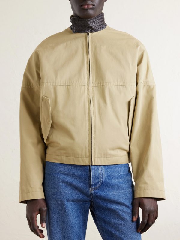 Intrecciato Leather-Trimmed Cotton-Gabardine Jacket - FR Intrecciato Leather-Trimmed Cotton-Gabardine Jacket - FR