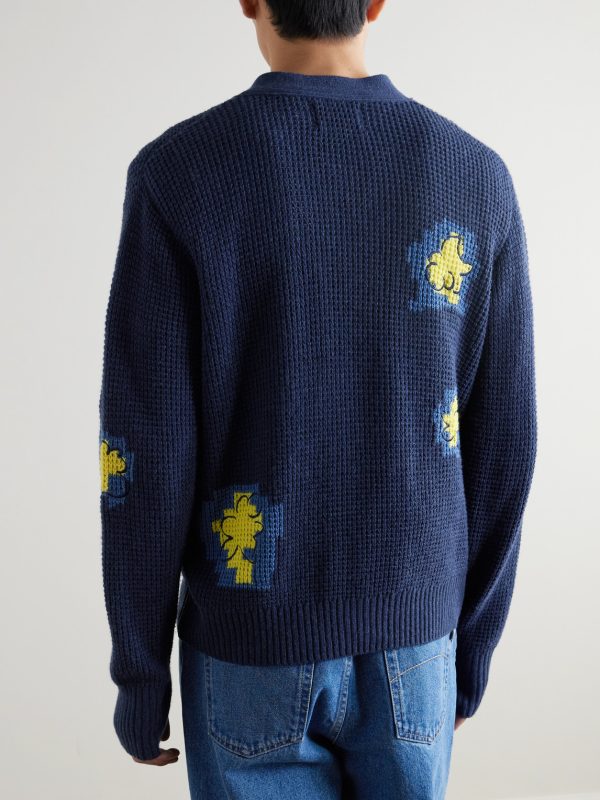 Embroidered Waffle-Knit Cardigan - BK